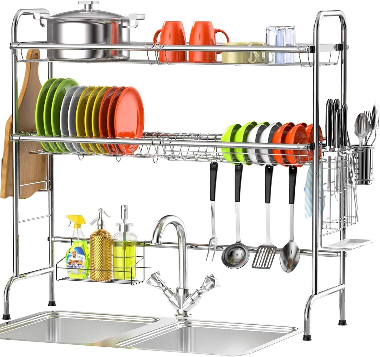 Veckle Over The Sink Dish Drying Rack, 2 Tier Dish Rack Standing Dish Drainer Non-Slip Stainless Steel Dish Dryer, Utensil Holder Cutting Board Holder Kitchen Counter Shelf Storage Rack, Silver