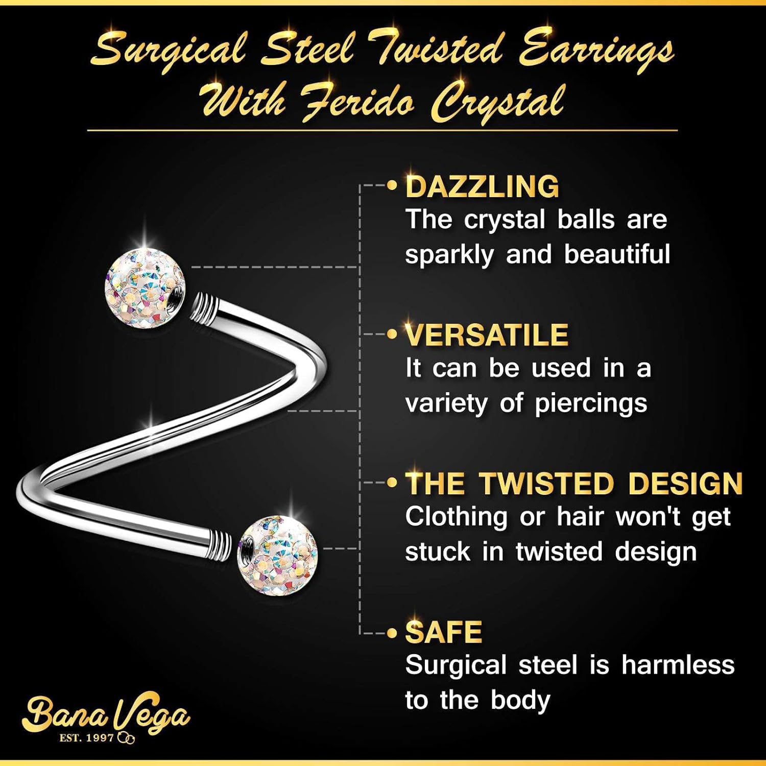 ステンレススチール ツイストバーベル 16ゲージ 5/16 8mm 3mm クリスタルボールローブイヤリング ラブレットピアス ジュ