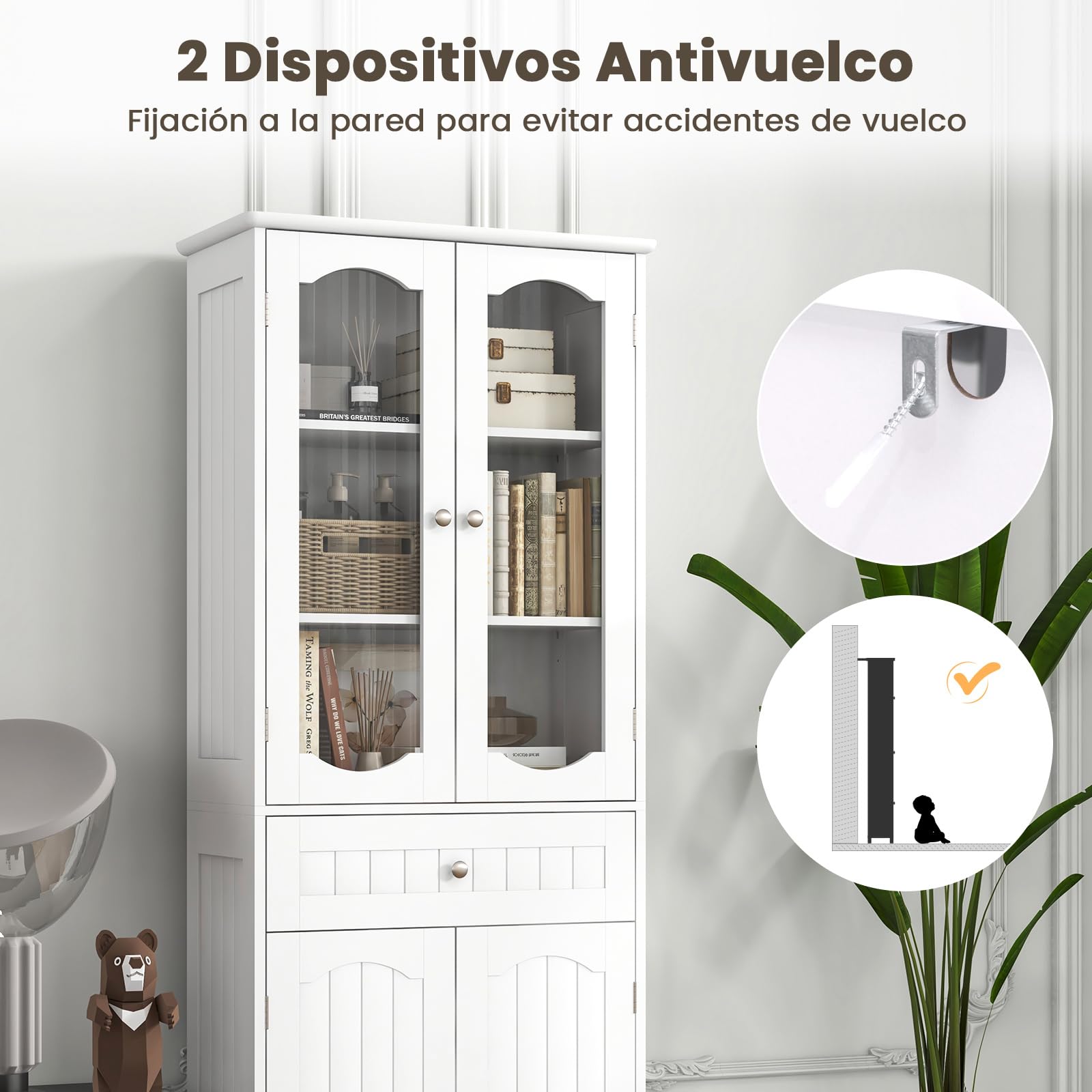 COSTWAY Armario Alto, Mueble Columna de Baño Independiente con 4 Puertas, Gabinete con 5 Estantes y 1 Cajón de Almacenamiento, Armario de Suelo para Cocina o Sala de Estar, Comedor, Oficina (Blanco)