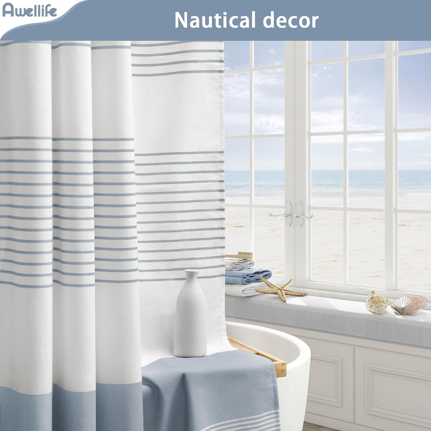 Awellife Blue Shower Curtain Beach Ocean Coastal Nautical Shower Curtain for Bathroom Stripe Tassel 72 X 72 Inches Cotton
