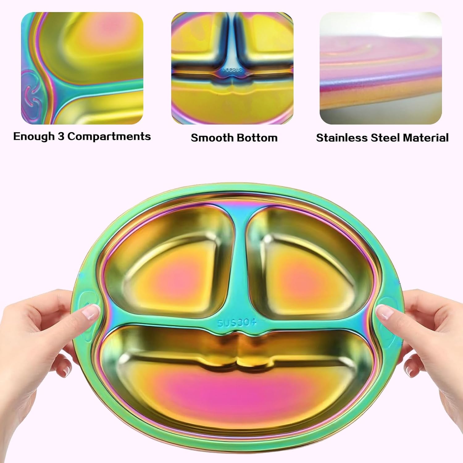 Stainless Steel Plates,Salad Plates for Eating Dinner Camping,Unbreakable and Reusable Plates, Dishwasher Safe,3 Compartment Rainbow Plates (3, rainbow)