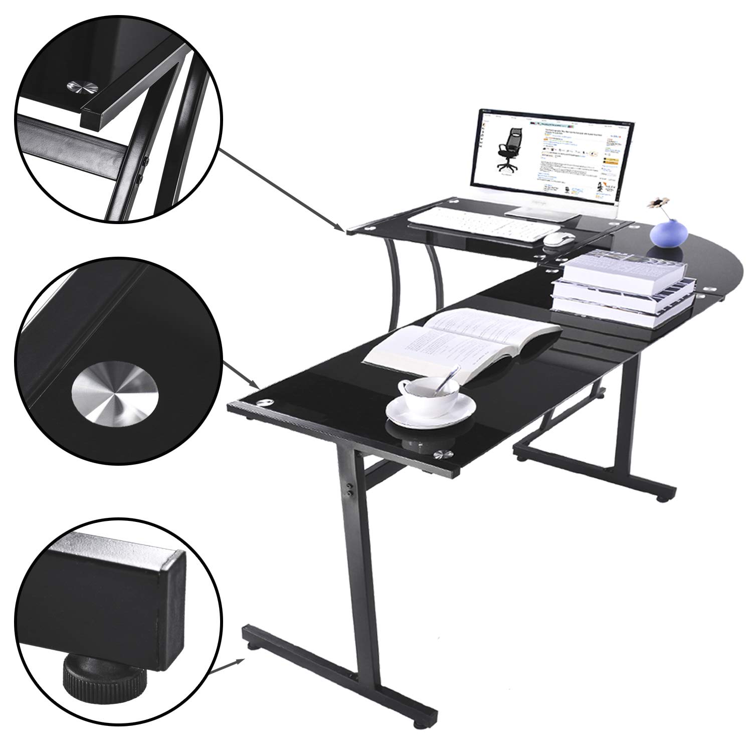 GreenForest L Shaped Desk Glass Corner Computer Gaming Desk 3Piece