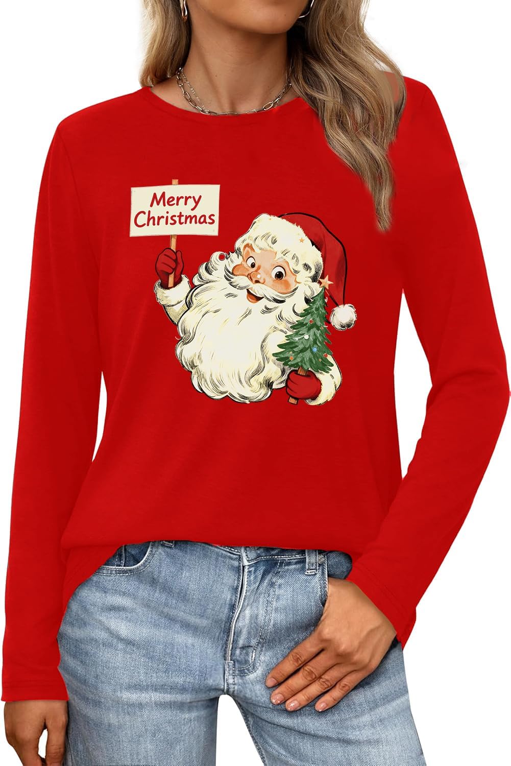 MAIHUN Christmas Santa Shirt for Women Merry Christmas Long Sleeve Snowflake Tshirts Xmas Holiday Tee Top