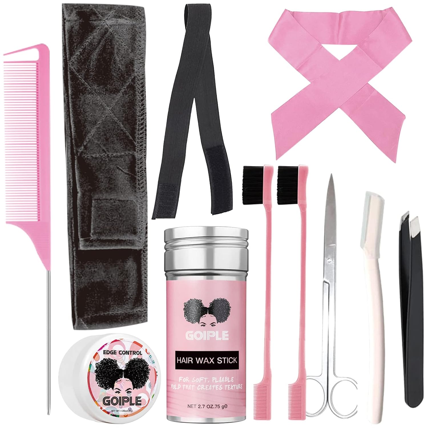 Goiple 11 PCS Wig Kit for Lace Front Wigs for Beginners, Hair Wax Stick Lace Melting Elastic Band for Wigs, Edge Laying Scarf, Eyebrow Razor, Tweezer, Edge Brush, Wig Band, Mini Scissor, Comb - Black