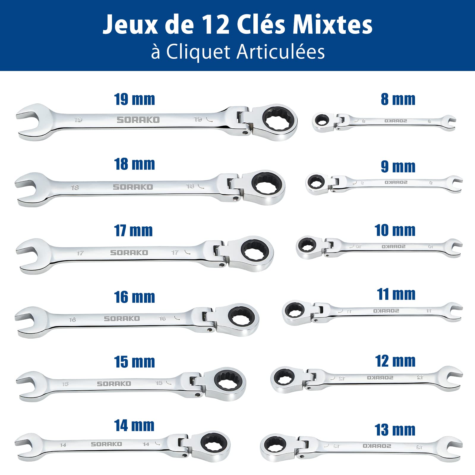 SORAKO Clé Plate à Cliquet, 12Pcs Cle Plate 8-19mm Métrique, Clés Mixtes Cle Plate a Cliquet pour Réparation Automobile/Travaux de Bricolage
