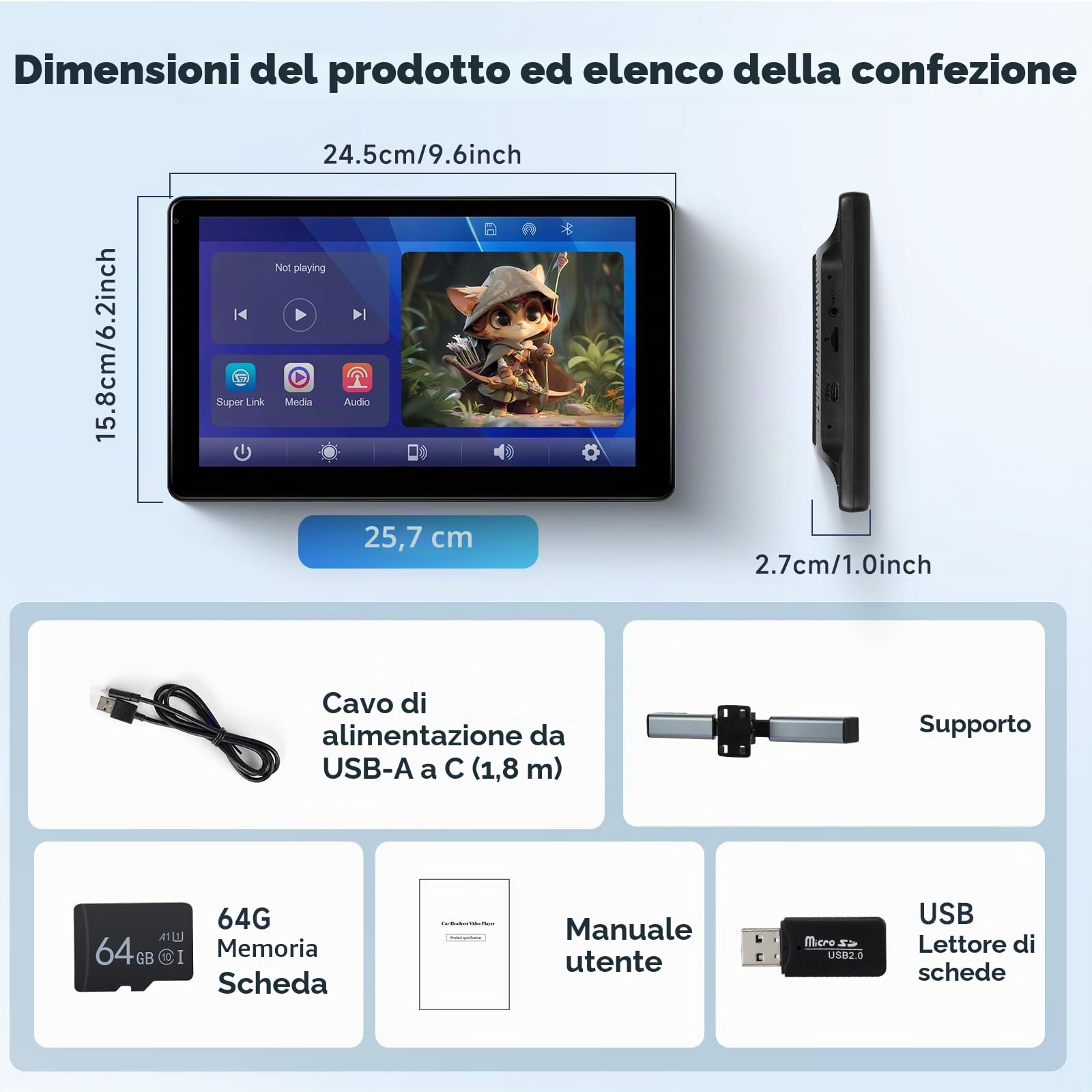 Lettore video da 10,1 pollici per poggiatesta auto, TV portatile da poggiatesta per sedile posteriore con Mirror Link wireless, Bluetooth, CarPlay e Android Auto wireless, con scheda TF da 64GB