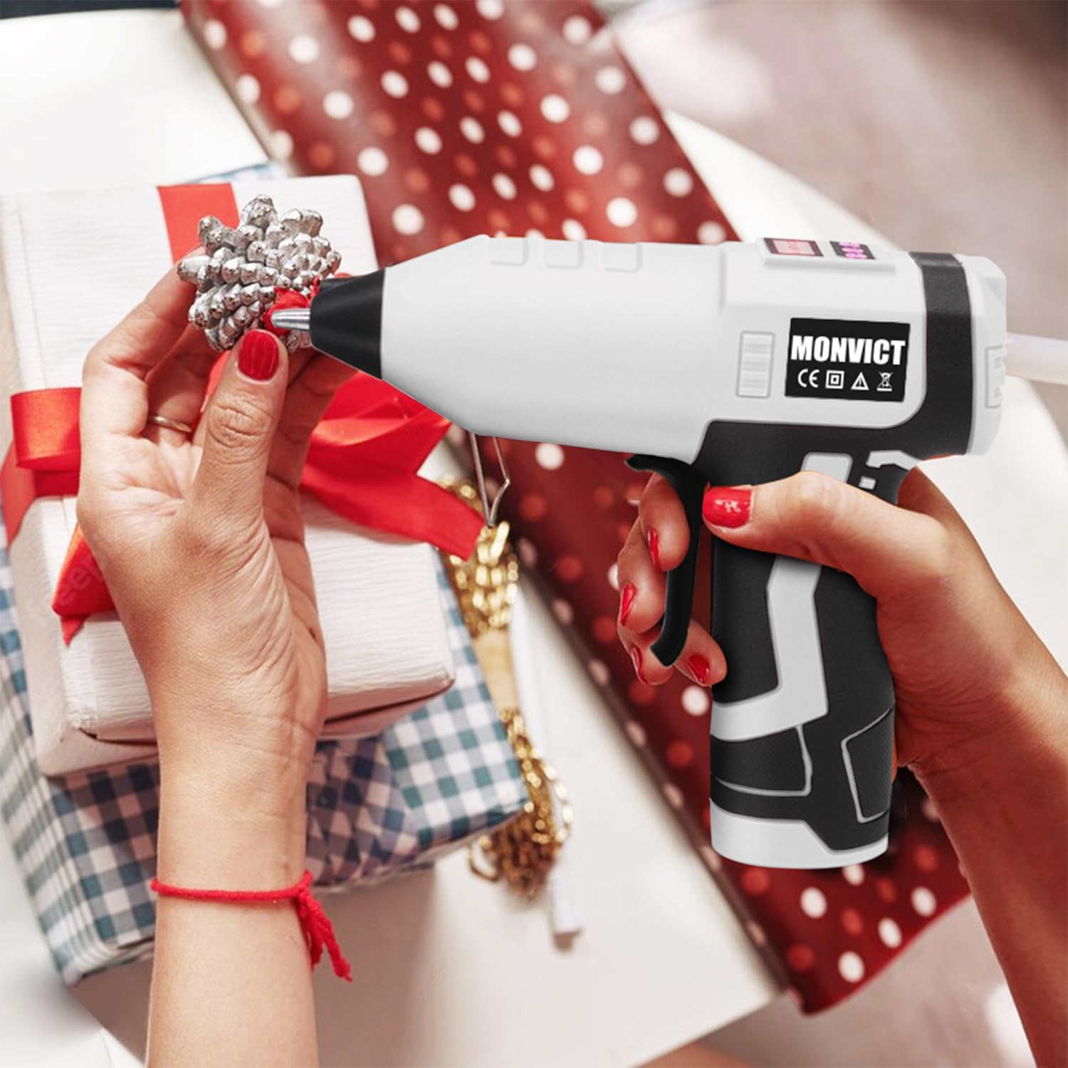 MONVICT Cordless Hot Glue Gun with Holder Base - Digital Display & Adjustable Temp, Smart Auto-Off, Stand with Silicone Pad, 7.4V 2.6A Rechargeable Battery, 10 Glue Sticks, Fast Heating for DIY Crafts