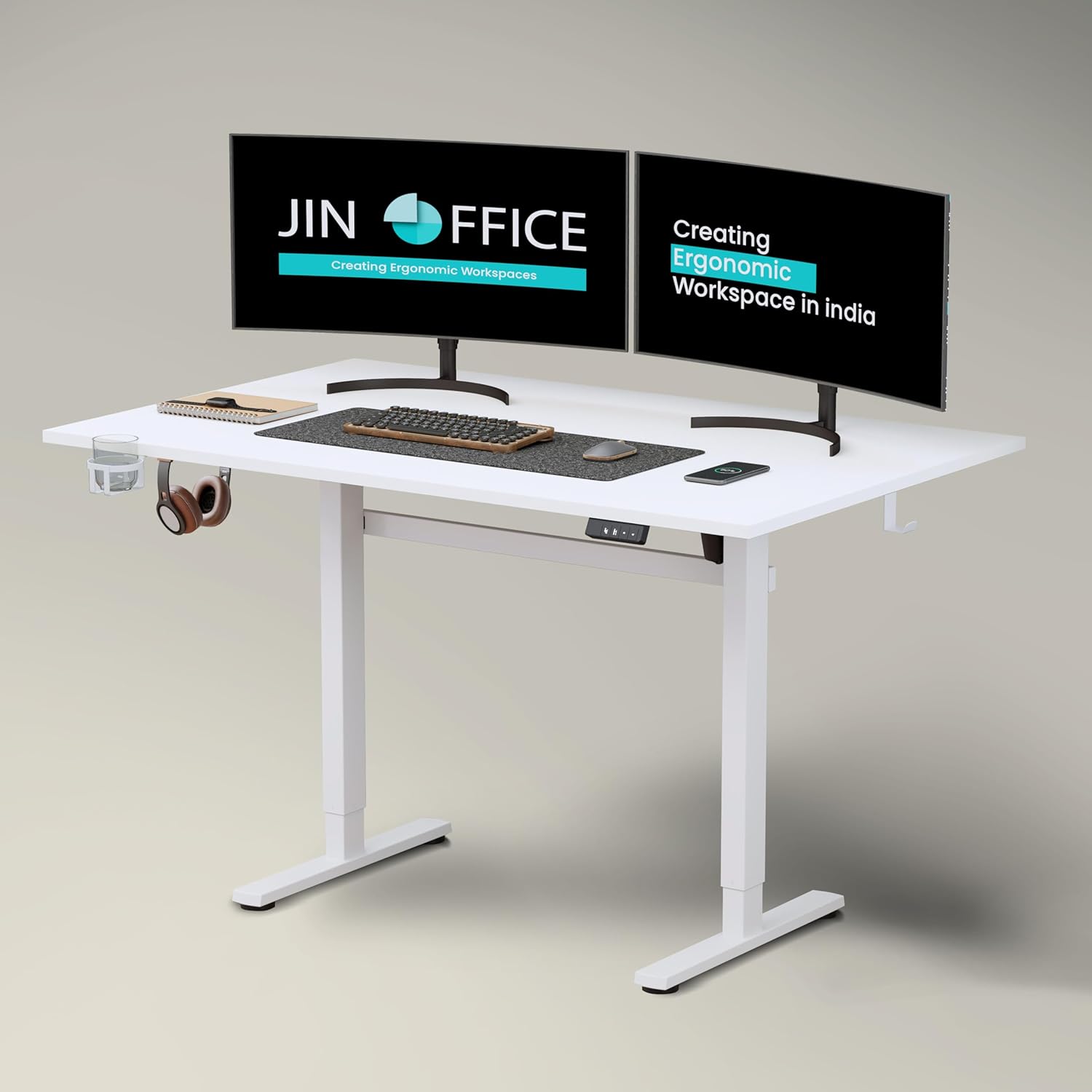 Jin Office Octave Neo Electric Height Adjustable Table| Standing Desk with 80 Kg Wt. Cap, 2 Year Warranty| Sit Stand Ergonomic Table with Memory Preset,Cup Holder| Stability Crossbar|White 1100*600mm 25 71EBsVpGHnL. SL1500