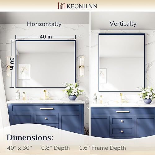 Miniatura 418 de Keonjinn Espejo de baño dorado de 48 x 36 pulgadas, espejo rectangular con marco de metal dorado cepillado, espejo de pared grande rectangular