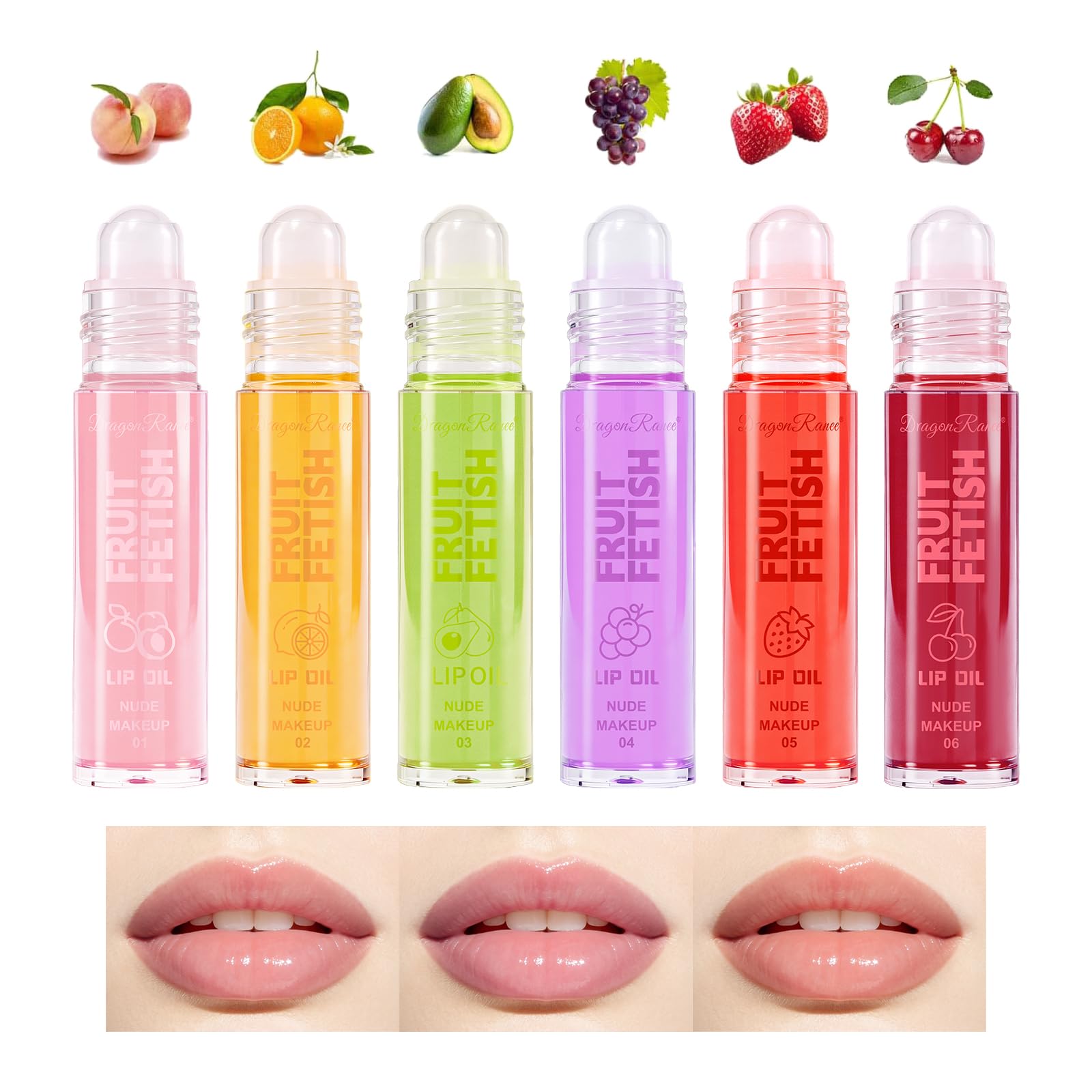 6Pcs Roll On Lip Gloss Set, Fruit Flavored Lip Gloss Tinted Plumping Butter Lipgloss Long Lasting Lip Gloss for Girls, Lip Oil Glossy Natural Shine, Party Gift 6Pcs lip gloss