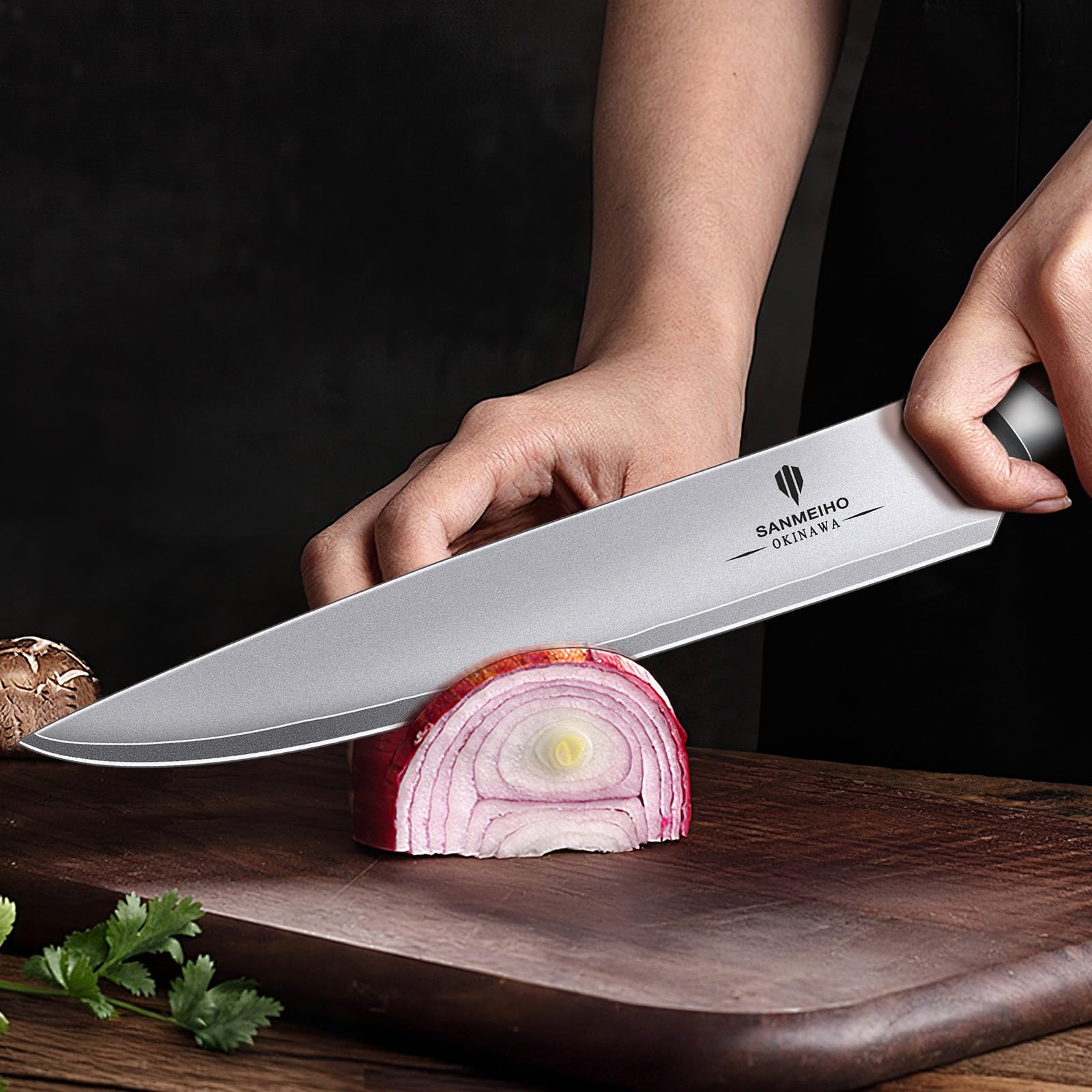 SANMEIHO Messerset 3-teilig, Japanisches Küchenmesserset aus 10Cr15MoV Edelstahl, Ultrascharfes Profi Kochmesserset mit Ergonomischem Holzgriff, Kochmesser Allzweckmesser Schälmesser - OKINAWA Series