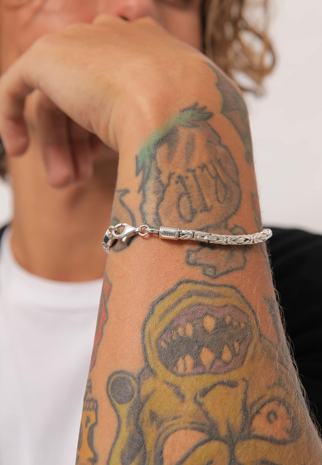 kuzzoi Men Bracelet curb cuban chain braided with Clasp made of 925 sterling silver, length 6.69 inch - 8.27 inch, width 0.16 inch, 3.35 oz, 0209171420