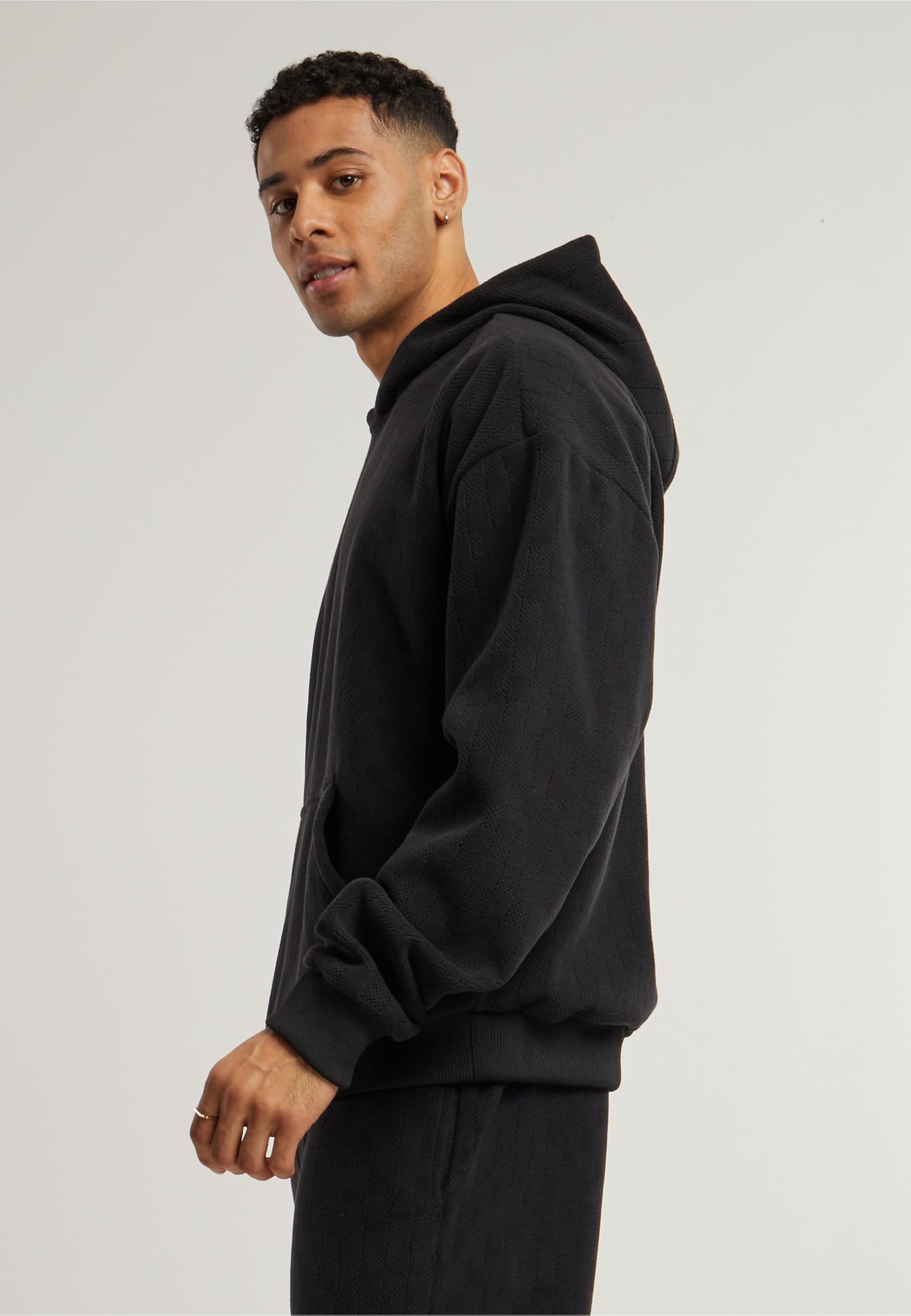 Urban Classics Męska bluza z kapturem, żakardowa, aksamitna, oversize, swobodny sweter z kapturem z aksamitu żakardowego, oversize fit, czarny, S