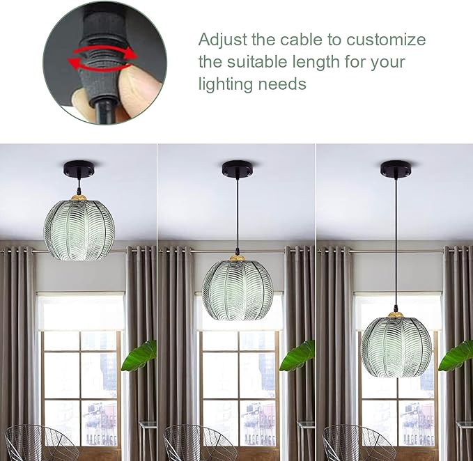 LRUII Glass Pendant Light Shade, Modern Chandelier Light Ceiling Pendant Lighting, Green Striped Glass Lampshade, Adjustable Pendant Hanging Lamp for Kitchen Island Bedroom Restaurant Loft Bar LRUII photo 3