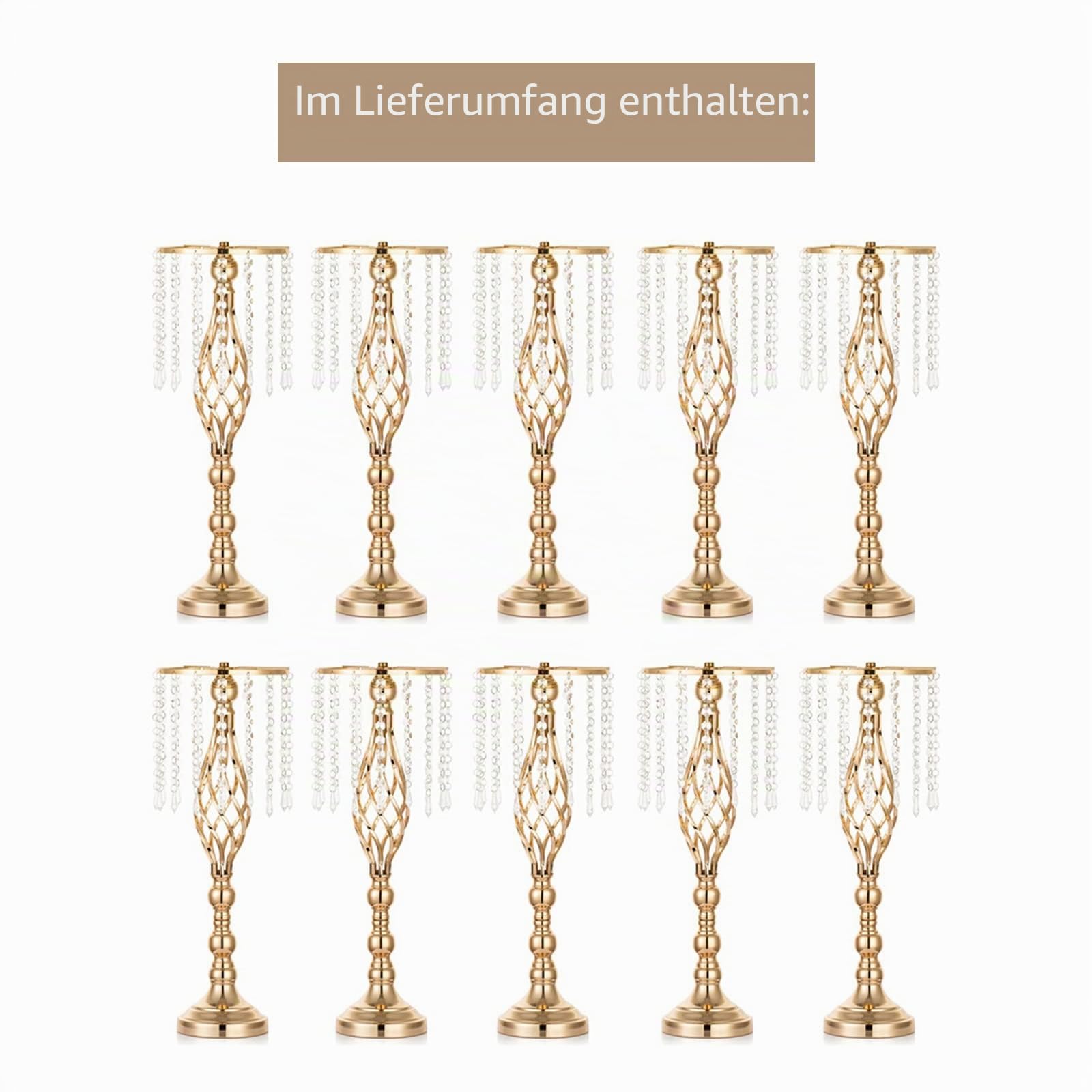 Sziqiqi 10 Stück Hochzeitsvase Für Tische, 55 cm Hohe Metall-goldvasen mit Kristallperlenkette für Hochzeit, Künstliche Blumenarrangements für Party Jubiläum Zeremonie Party Event Empfang