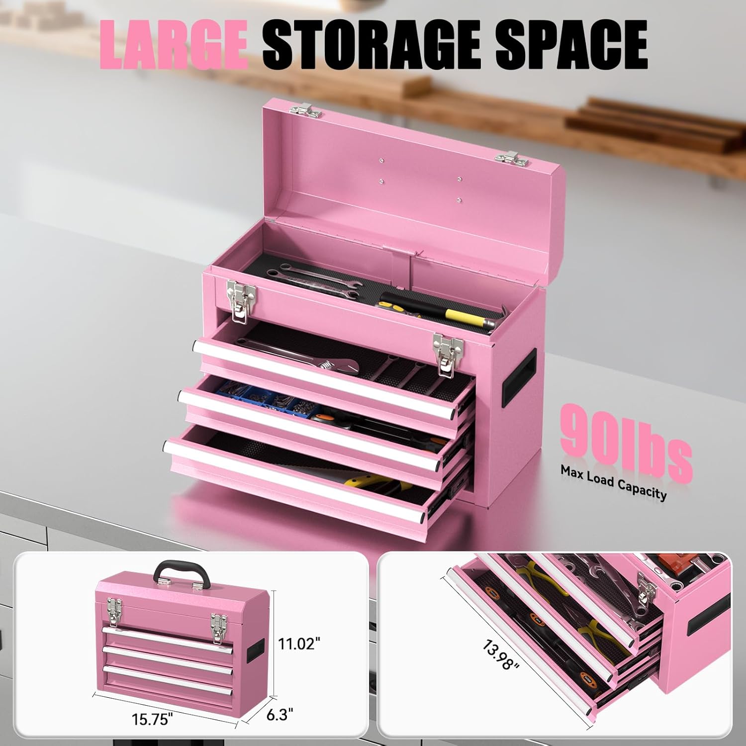 3-Drawer Small Tool Box, Tool Chest with EVC Liners and Locking Mechanism, Metal Tool Box for Garage Workshop and Room Use (Pink)