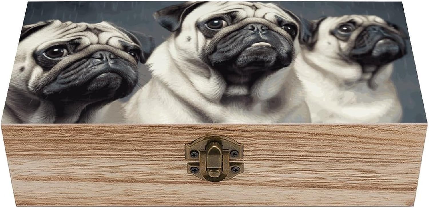Funny Pug Dog Wooden Box Wood Storage Box with Hinged Lid Rectangular Keepsake Boxes Vintage Table Organizer Decorative Container for Gift Packaging Toys Crafts