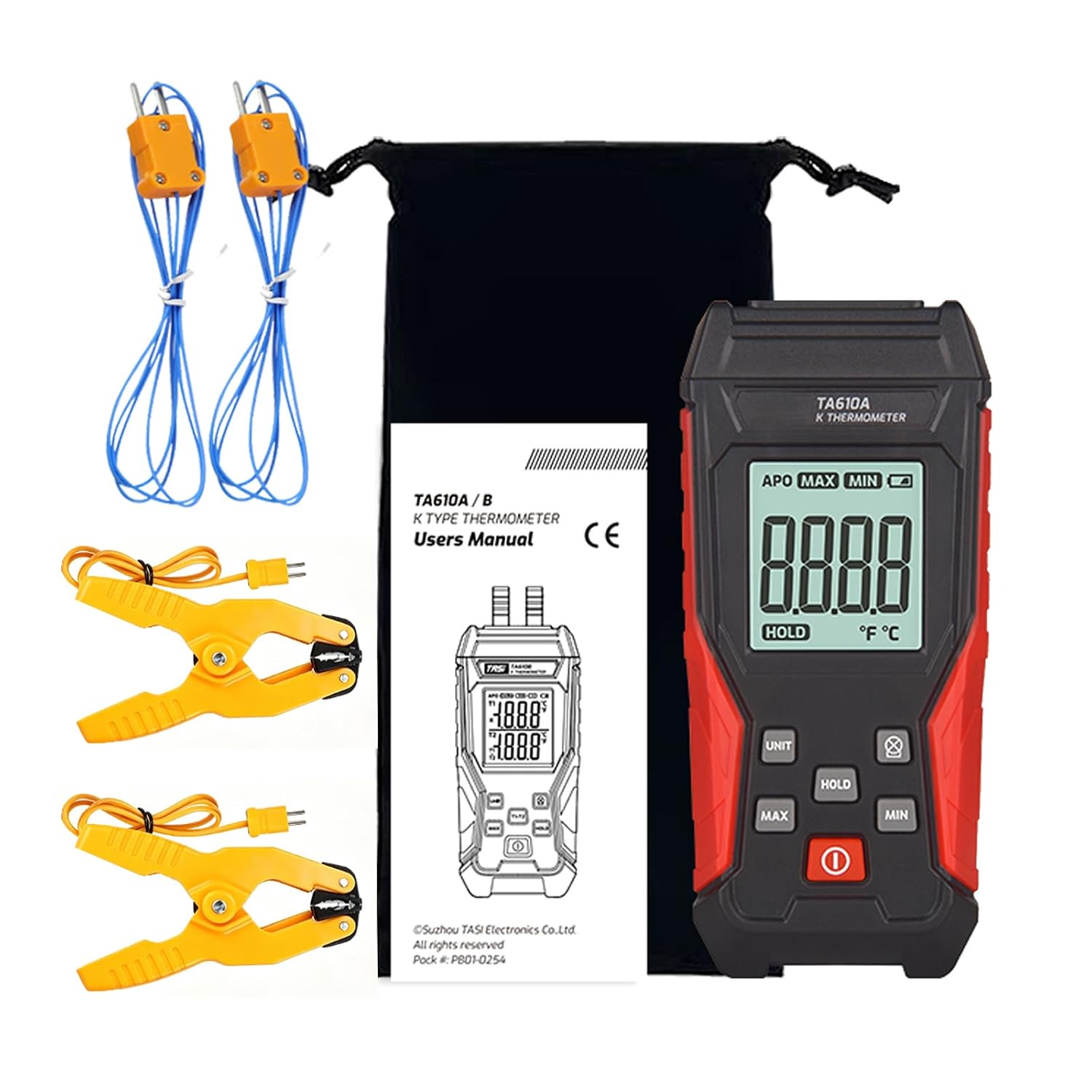 Dual Channel Thermocouple Thermometer K Type, Digital Thermocouple Meter with 2 Temperature Clamps + 2 K Type Thermocouple Probes, Temperature Meter (-328~2501℉) for HVAC