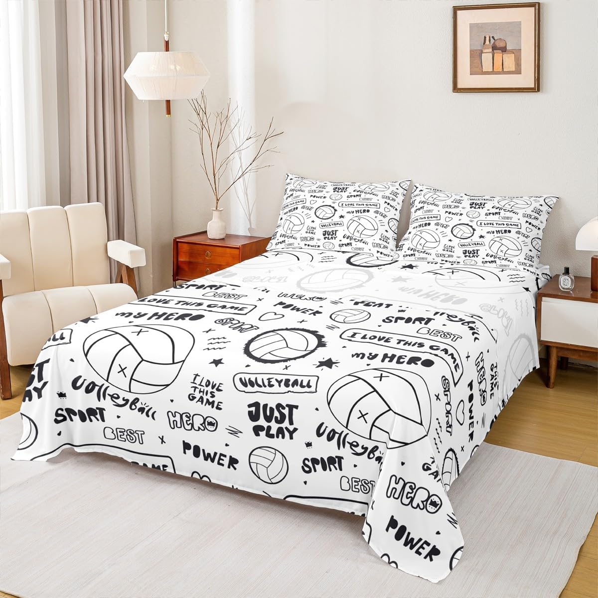 jejeloiu Volleyball Bed Sheets Sports Theme Bedding Sheet 3D Ball Bedding Set for Boys Girls Children Teens Bedroom Decor Competitive Games White Black Bed Sheet Set Queen Size with 2 Pillow Case