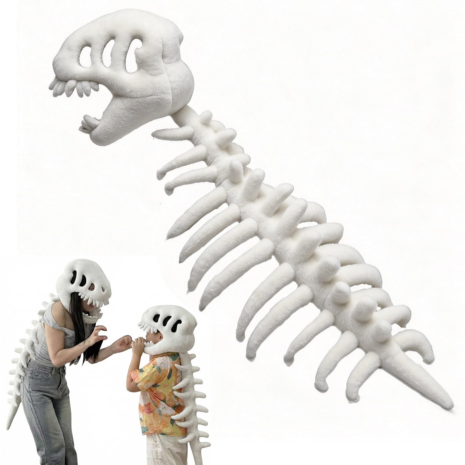 Dinosaur Skeleton Costume | Silly Dino Plush Skeleton Costume Kids Adults | Cozy Spinosaurus Plush Skeletons Hat with Spine | 3D Realistic Skull Prop Outfit for Halloween Cosplay
