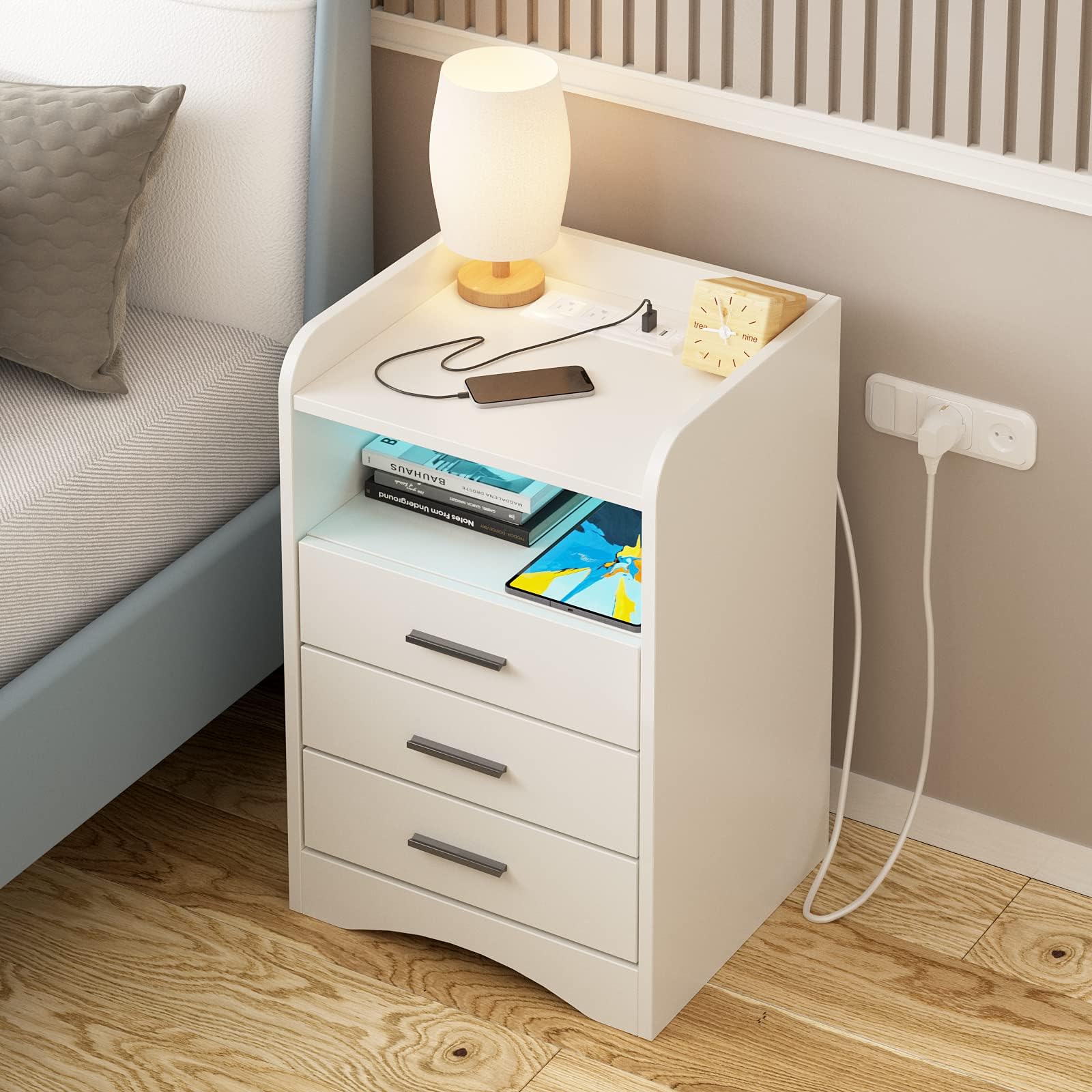 Amazon.com: i-aplus Bedside Table with 2 Drawers, LED Nightstand Wooden ...