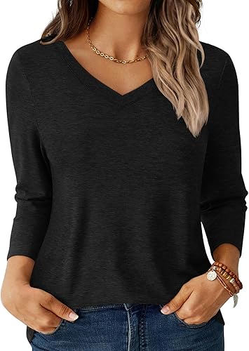GKBK Womens Tops 3/4 Sleeve Shirts V Neck Casual Blouses Basic Loose Fit Pullover Tshirts