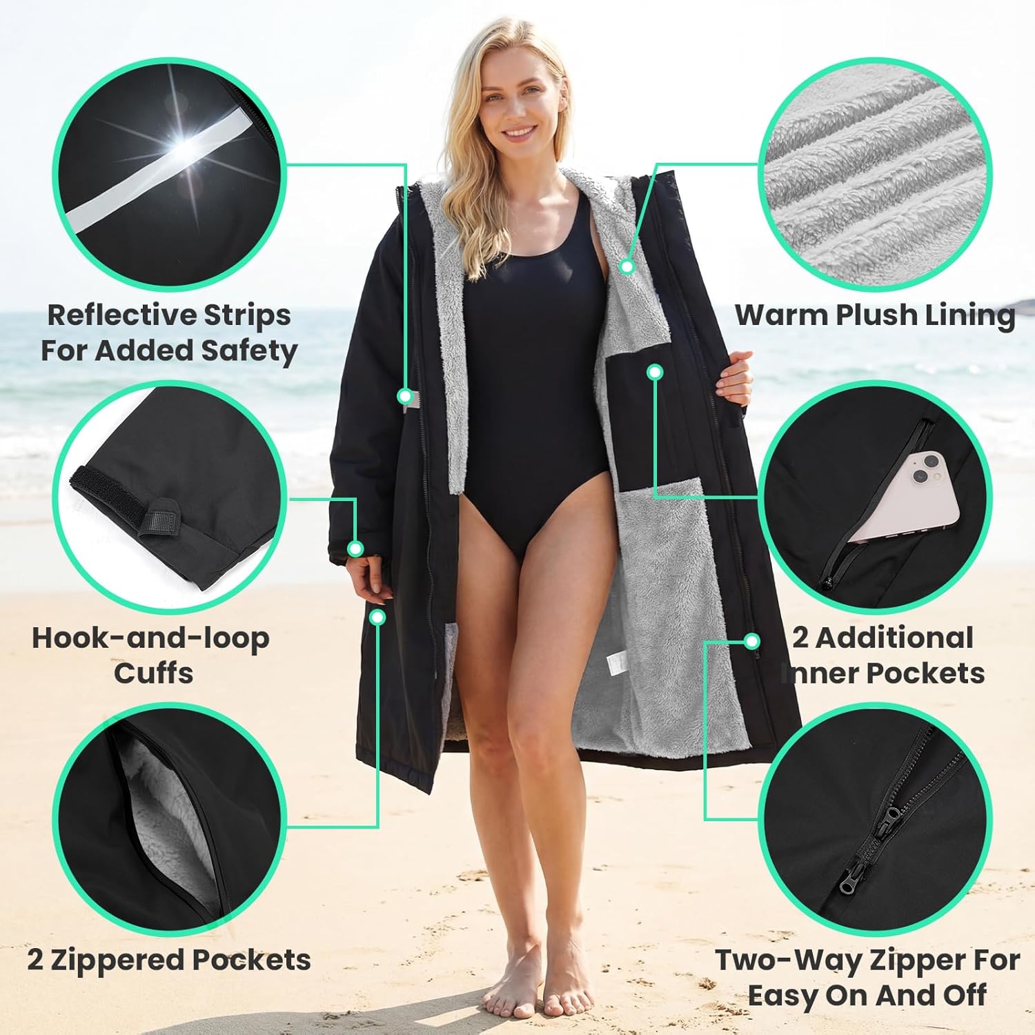 Owntop Swim Parka Adult Kids | Waterproof & Quick-dry | 2-Way Zipper | Oversized Hooded Changing Robe for Beach Pool
