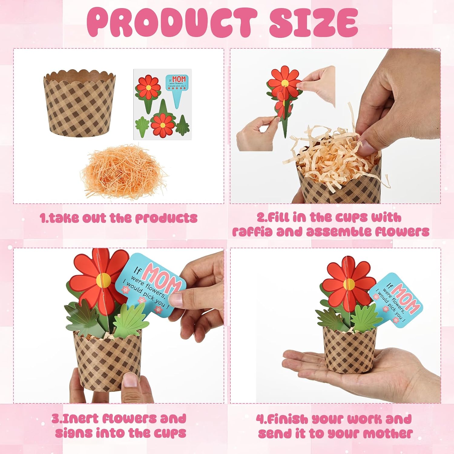 HFYZZ 50 Sets Mother's Day Craft Kits DIY Flower Pot Greeting Card Kits with Bulk Flower Bouquet Craft Kit Cards, Kraft Plaid Paper Cups and Raffias for Classroom Home Activities