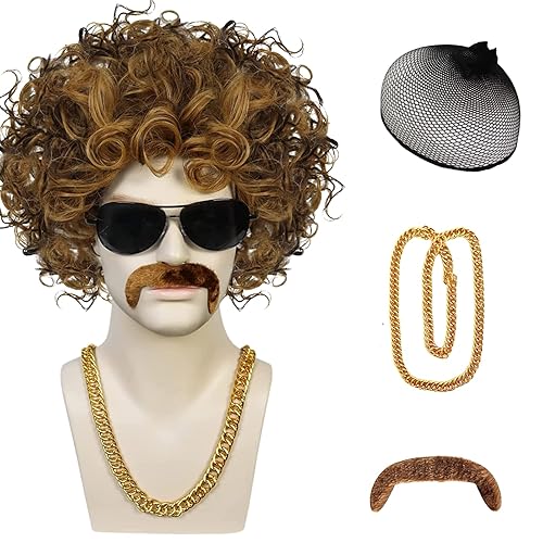 JoneTing 3 pelucas rizadas de rizo corto marrón para hombres de los años 70 y 70 para hombres de los años 80 y 80 peluca afro para fiesta de