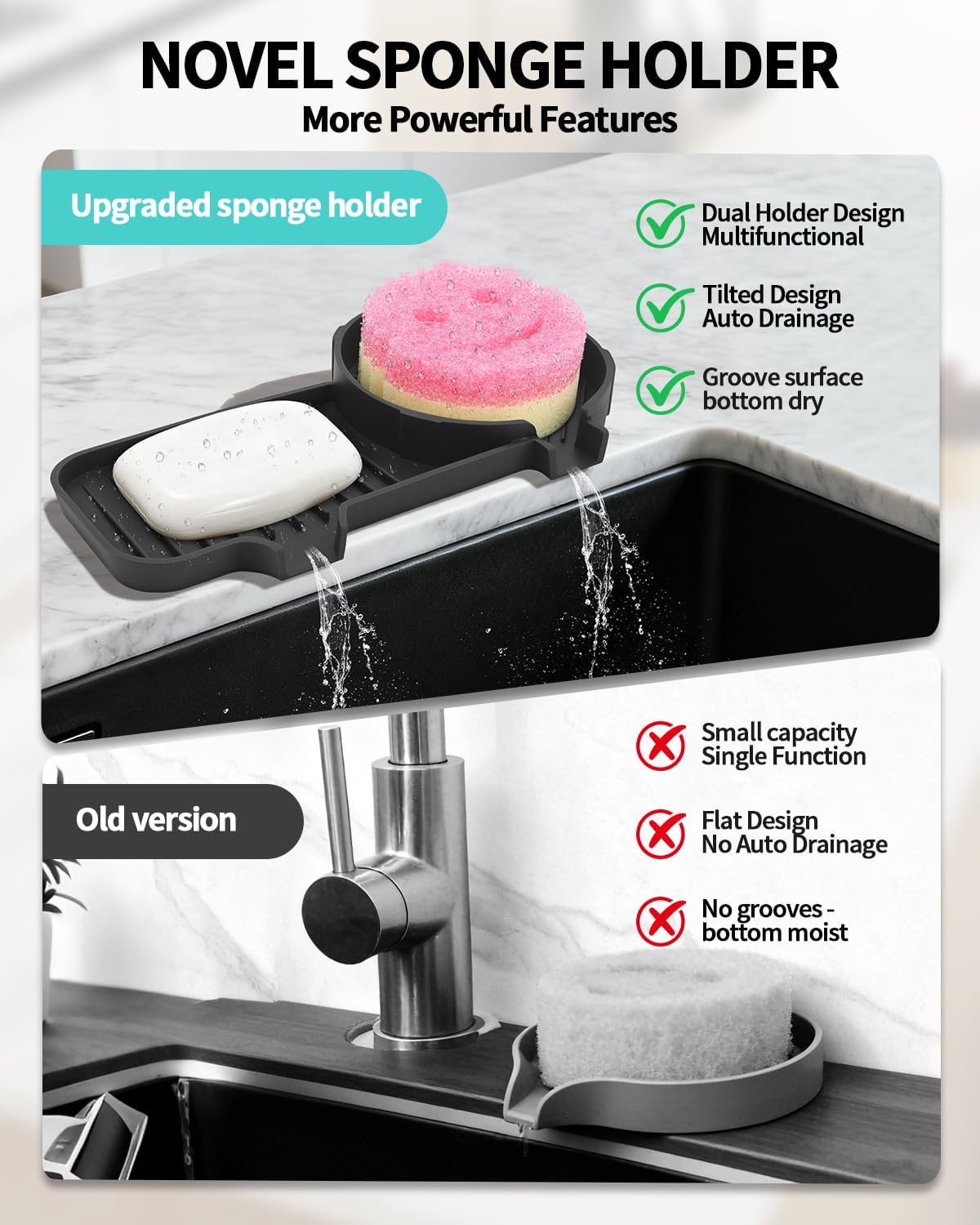 Upgraded 2-in-1 Silicone Sponge & Soap Holder with Extra Tray, Auto-Drain Organizer for Kitchen & Bathroom Sink, Compatible with Scrub Daddy Sponges, Holds Soap, Dish Soap Dispenser