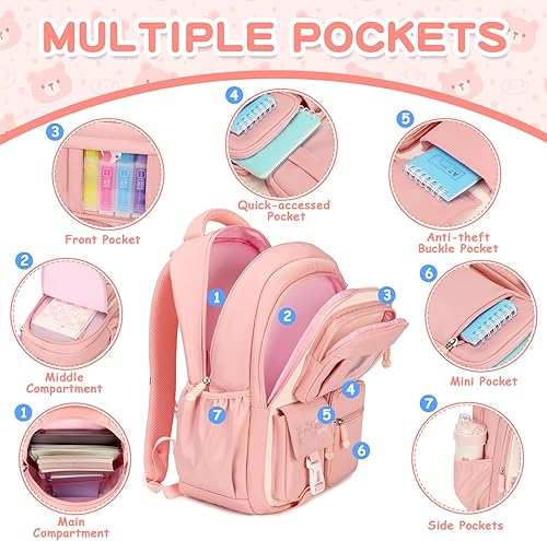 Miniatura 2 de Mochila infantil para niñas, bolsas escolares para estudiantes de secundaria, bolsa de libros para escuela primaria, Rosa y beige., Tamaño único