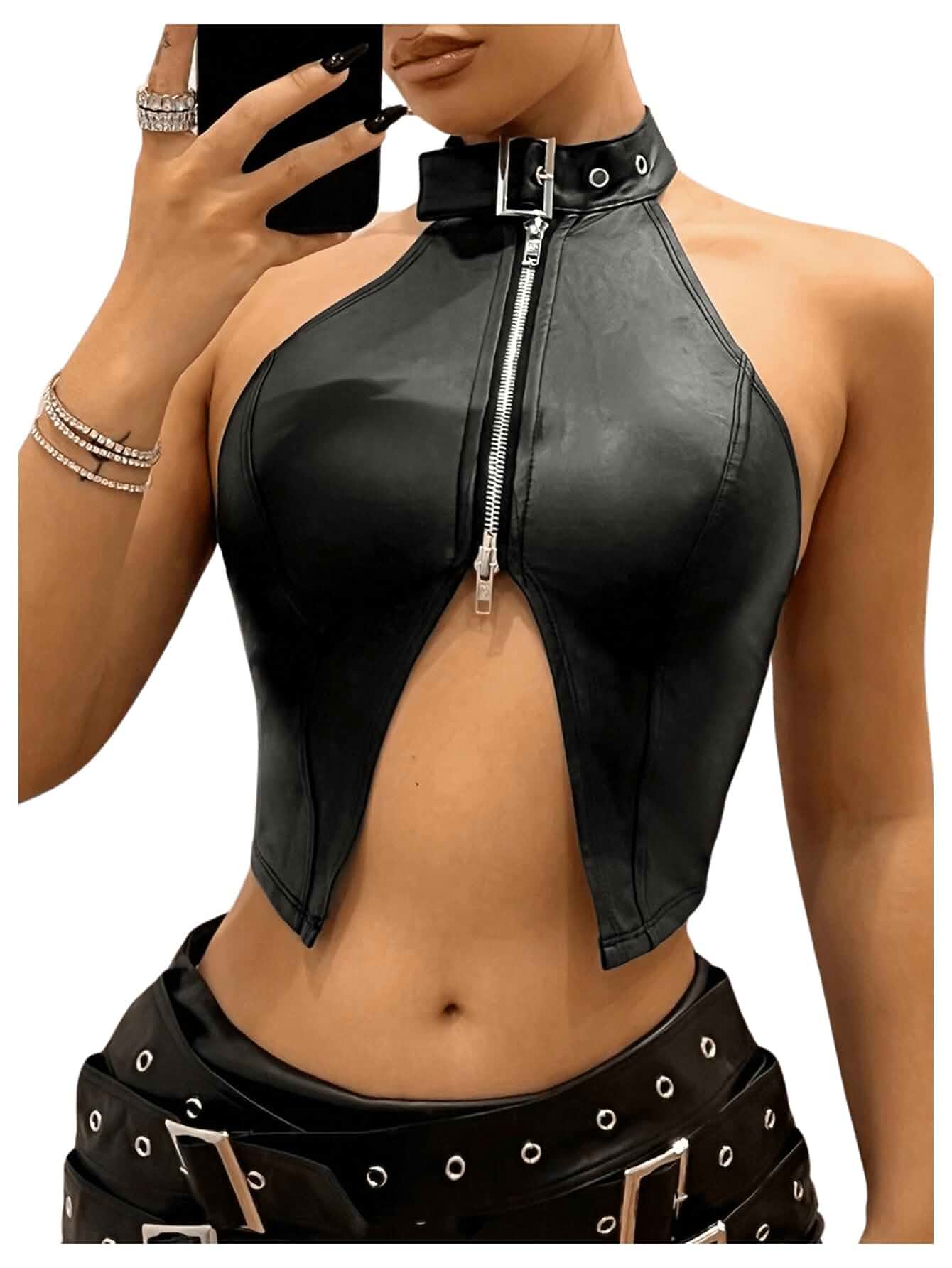 OYOANGLE Women's Leather Asymmetrical Halter Top Y2k Backless Buckle Zipper Front Crop Tank Tops, Party, Rave Concert, Clubwear