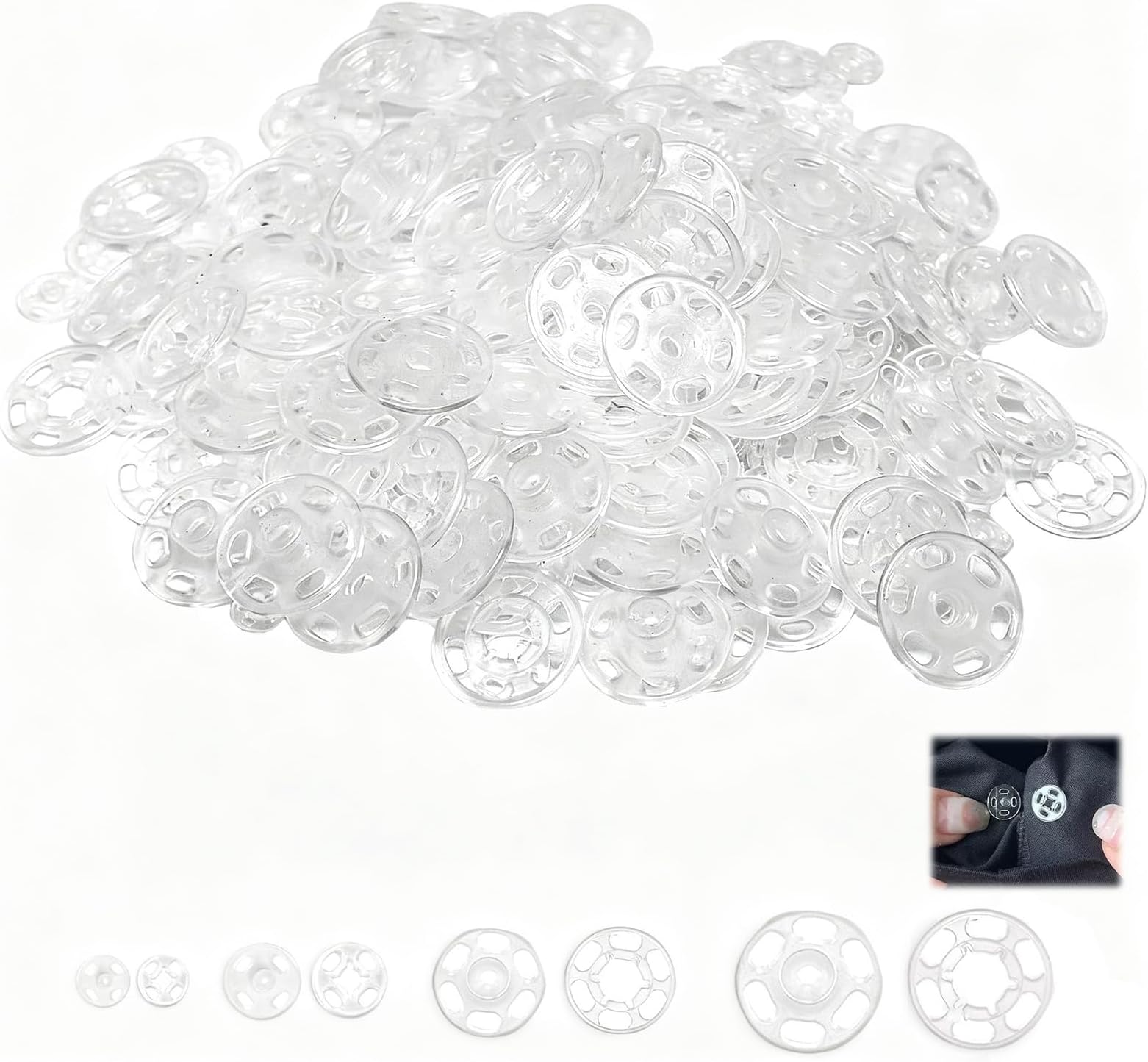 OIHCAZ 200pcs Press Studs Snap Fasteners, Invisible Sew-On Snap Buttons Round Plastic Snaps for Sewing Clear Plastic Poppers Fasteners for Purse Handbag Clothing & Craft(7 mm 10 mm 15 mm 2mm)