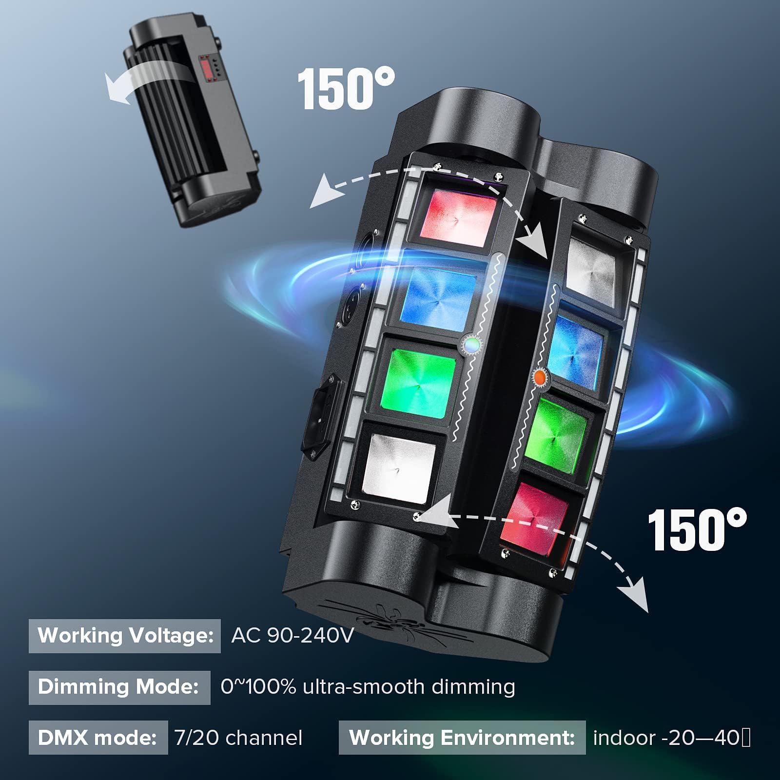 RGBW - Lampada a testa mobile, DMX512 e attivazione acustica, 8 fasci di luce con effetti pixel, panoramica a 150° e inclinazione di 60°, ideale per feste, matrimoni, DJ Show, club, karaoke