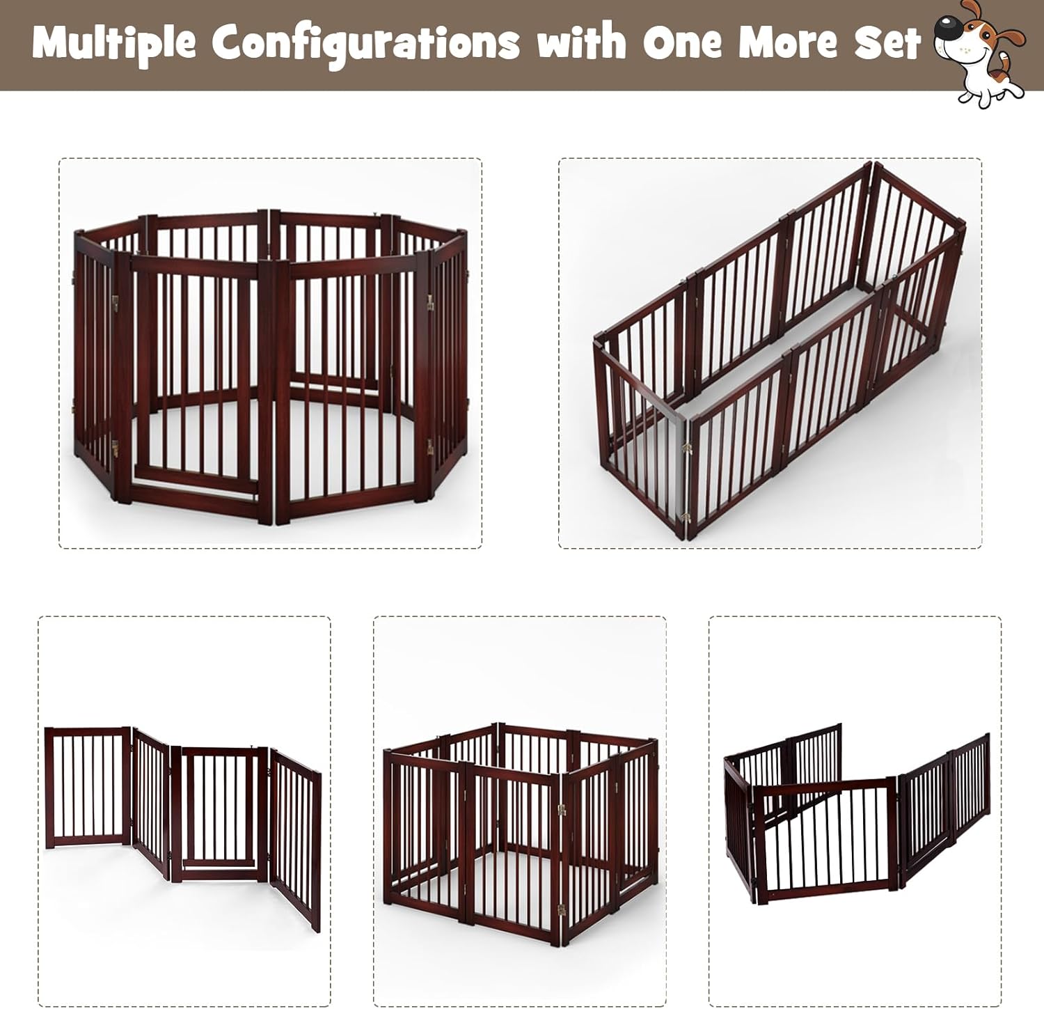 Tall Dog Gate with Door, 4-Panel 30 inch High Wooden Puppy Playpen, Freestanding Pet Door Gates, Folding Indoor Pet Enclosure, Extra Wide Room Divider for House, Stairs, Doorway