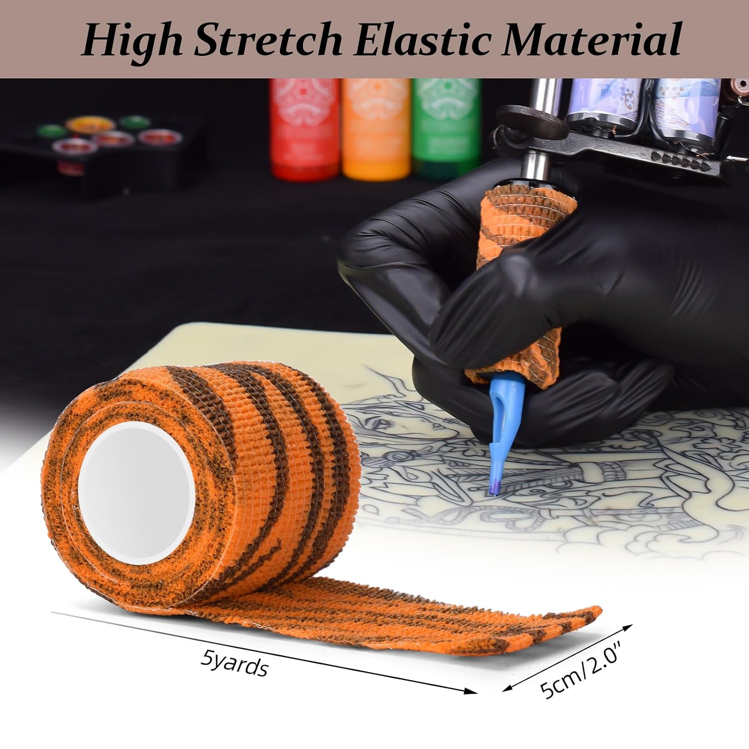 Tattoo Grip Cover Wrap, ATOMUS 6pcs 2”x 5 Yards Disposable Tattoo Tube Tape Wrap Elastic Self-adhesive Bandage Rolls Tape for Tattoo Machine Grip Tube Accessories