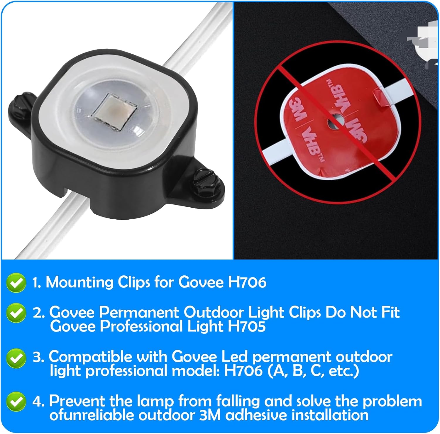 100 Set Black Lights Mounting Clips for Govee Permanent Outdoor Lights,Compatible with Govee PRO H706 H806,Included 200 Adapter Screws