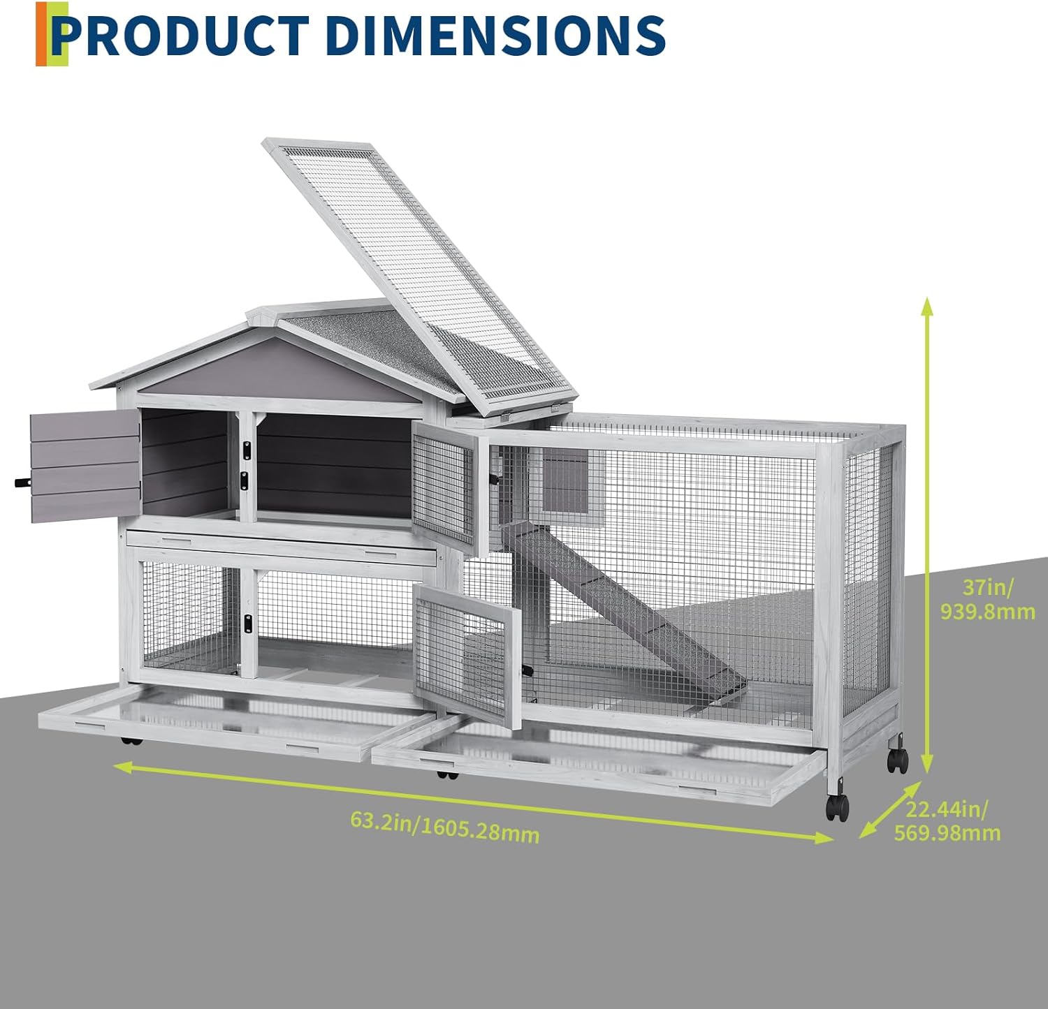 Bunny Cage with Weatherproof Roof, Rabbit Cage with 6 Lockable Caster Wheels & Pull-Out Tray, Rabbit Hutch for Indoor Outdoor Use, Grey（63.2" l x 22.4" w x 37"）
