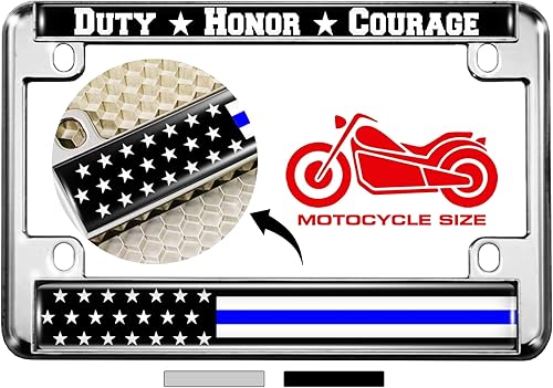 Miniatura 1 de Marco de matrícula de metal para motocicleta con línea azul delgada (rayas) diseño de bandera de Estados Unidos, cromado
