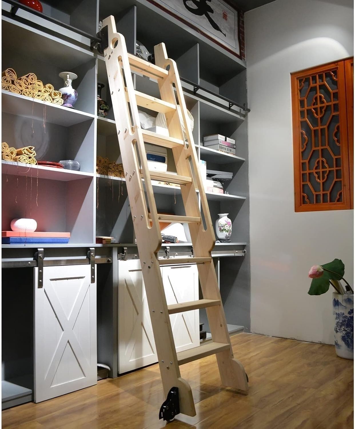 Rolling Ladder Hardware Library Sliding Ladder Hardware Kit, Floor Wheels with Brakes, Library Rolling Sliding Ladder Hardware Kit, Round Carbon Steel Track/Rail(Size:700cm(23 ft)