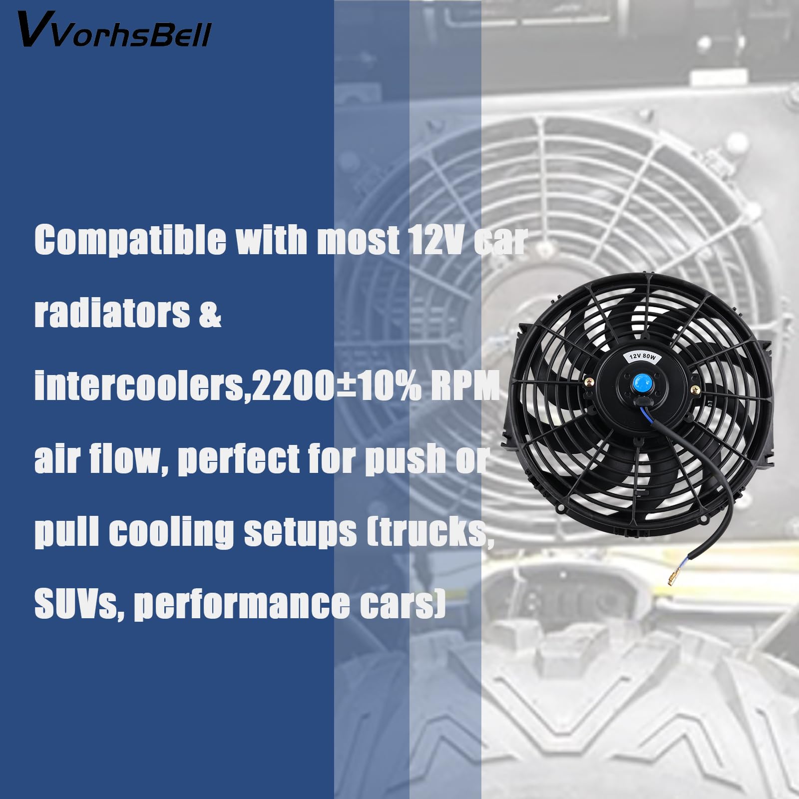 Ventilateur de voiture 30,5 cm, 12 V, 80 W, universel, fin, compatible avec moteur de voiture, 10 feuilles, 2200 tr/min, 1730 CFM - Ventilateur électrique Push Pull avec kit de montage