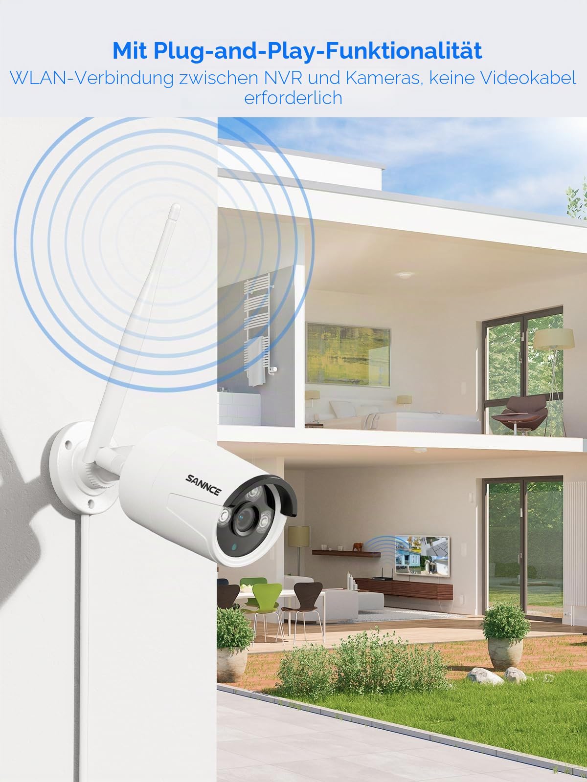 SANNCE Überwachungskamera Set mit 4 X 5MP, 10CH NVR Kabellose Überwachungskamera, AI Human Detection, IP66 Wasserdicht, Unterstützt Alexa, Zwei-Weg-Audio