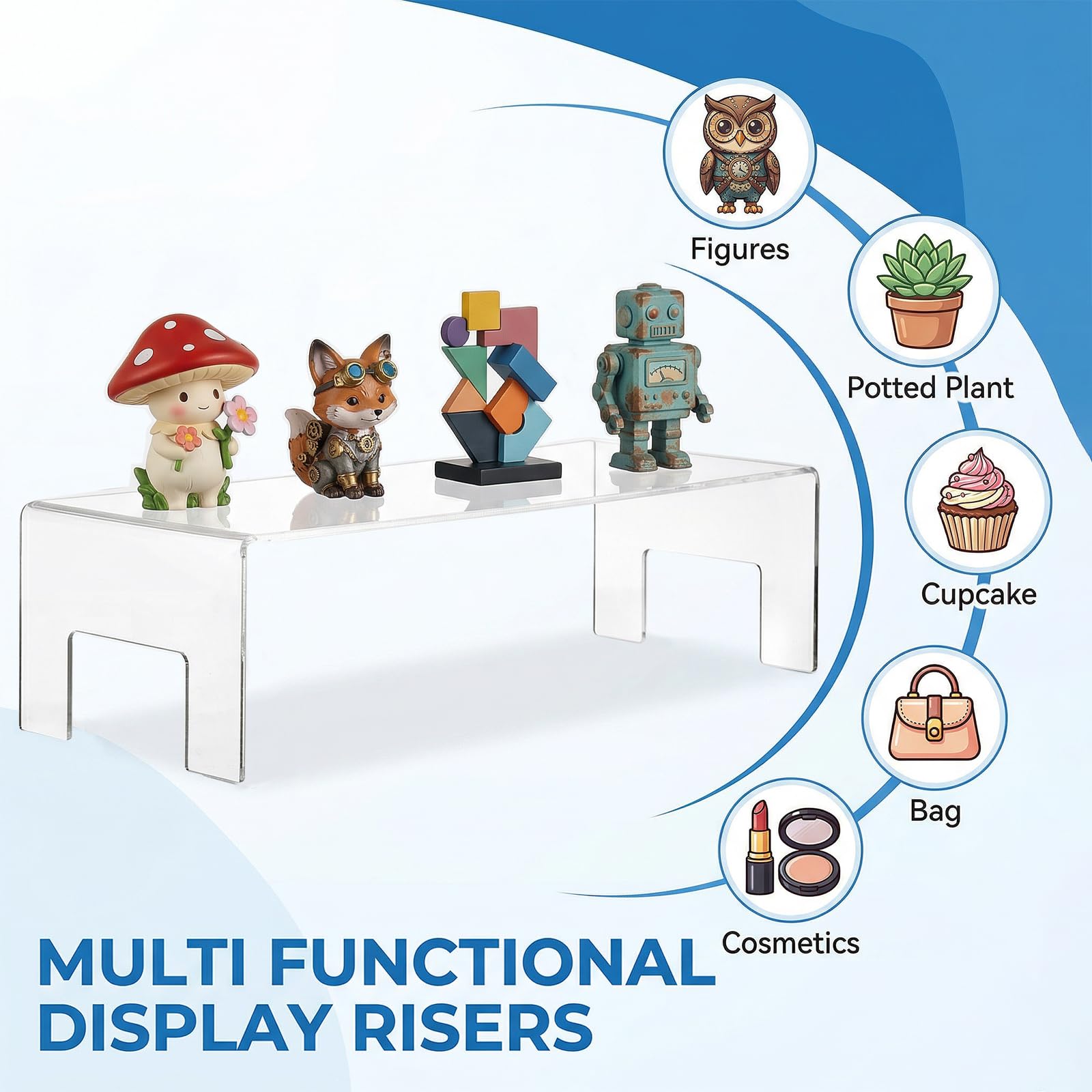 Frcctre Paquete de 2 elevadores acrílicos para exhibición, 5 mm de grosor, transparentes, pequeños, soporte de acrílico para exhibición de postres, cupcakes, juguetes, cosméticos, perfume, 12 x 5 x