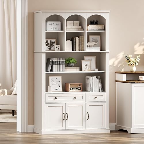 73.2" Tall Farmhouse Arched Bookshelf with Drawer and Door, 6 Tier Mid Century Modern Book Shelf and Bookcase with Storage, Floor Standing Display Cabinet for Living Room, Home Office, White