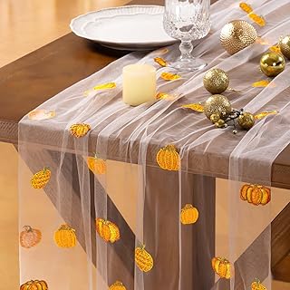 Socomi 3pcs Falll Thanksgiving Table Runner Pumpkin Tulle Gauze Cheesecloth Embroidery Sheer Table Runners for Wedding Party Baby Shower Birthday Holiday Picnic Home Decor