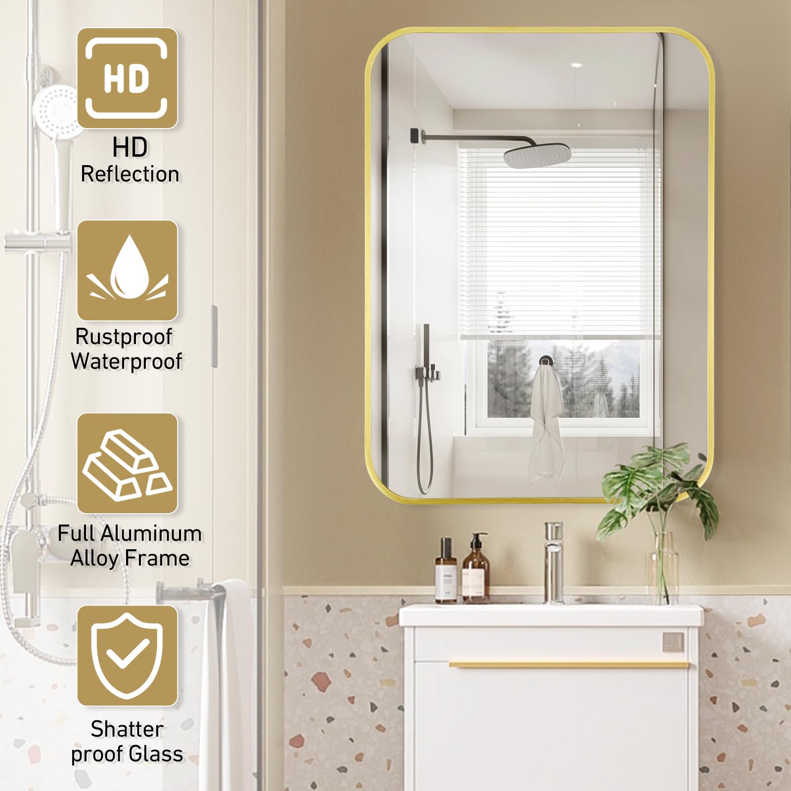 Espejo De Baño Plateado 24x36 Pulgadas - Marco Metal Esquina Redondeada, Montaje Horizontal O Vertical