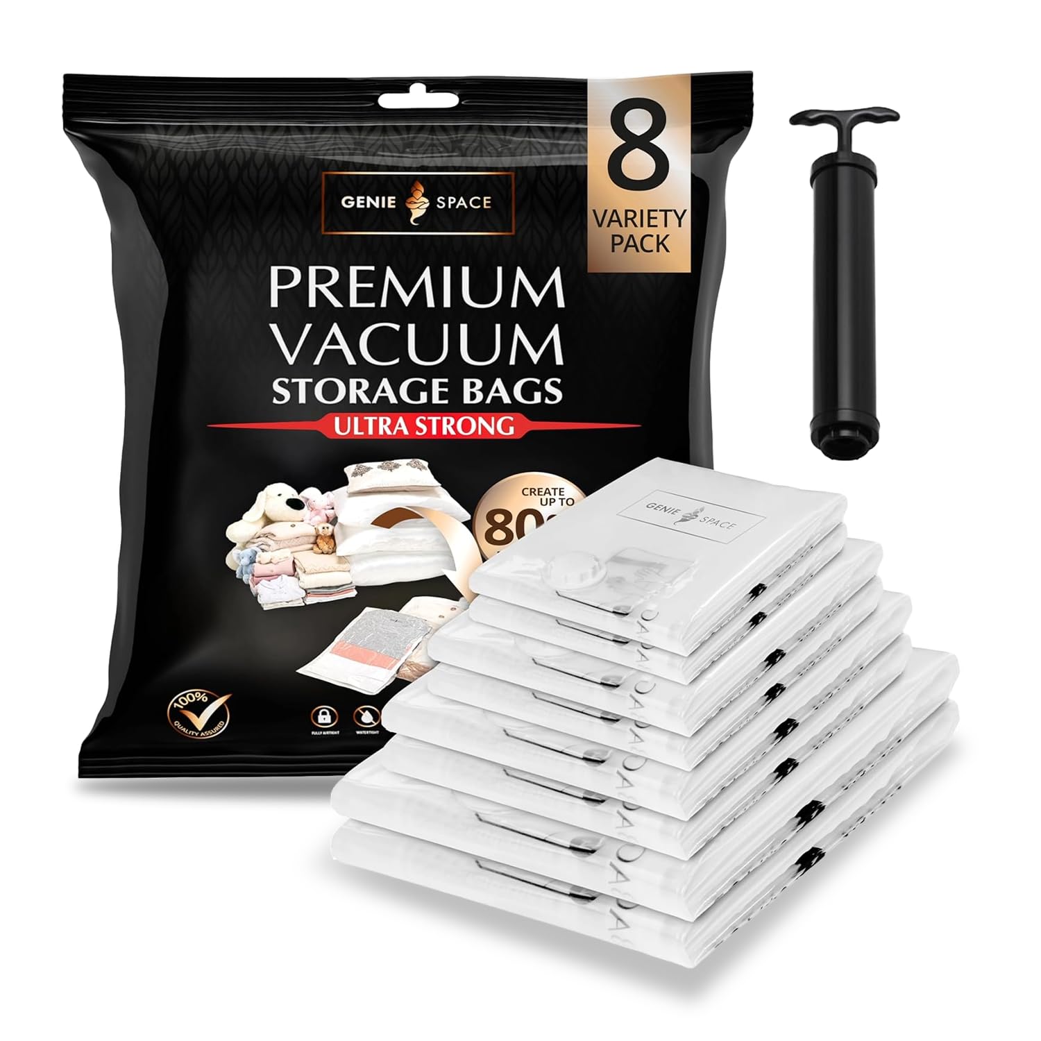 Genie Space 8 Pack Premium Vacuum Storage Bags For Clothes, Bedding And Travel, Variety 8-Pack (2Xl + 2L + 2M + 2S), Airtight, Reusable And Odour-Proof Space Saver Bags With Double Seal And Travel Pump