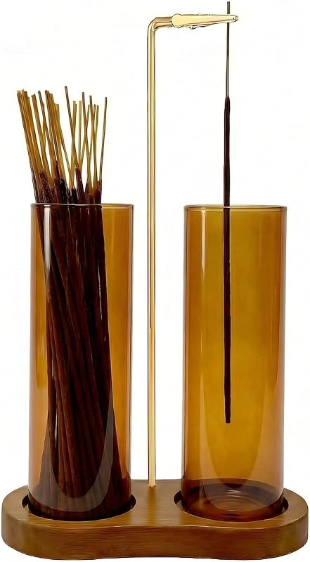 Amber Glass Incense Holder, Colorful Incense Sticks Burner Holder with Storage,Hang Upside Down Incense Holder for Sticks with Glass Ash Catcher for Meditation Yoga Spa Room Decor (Amber)