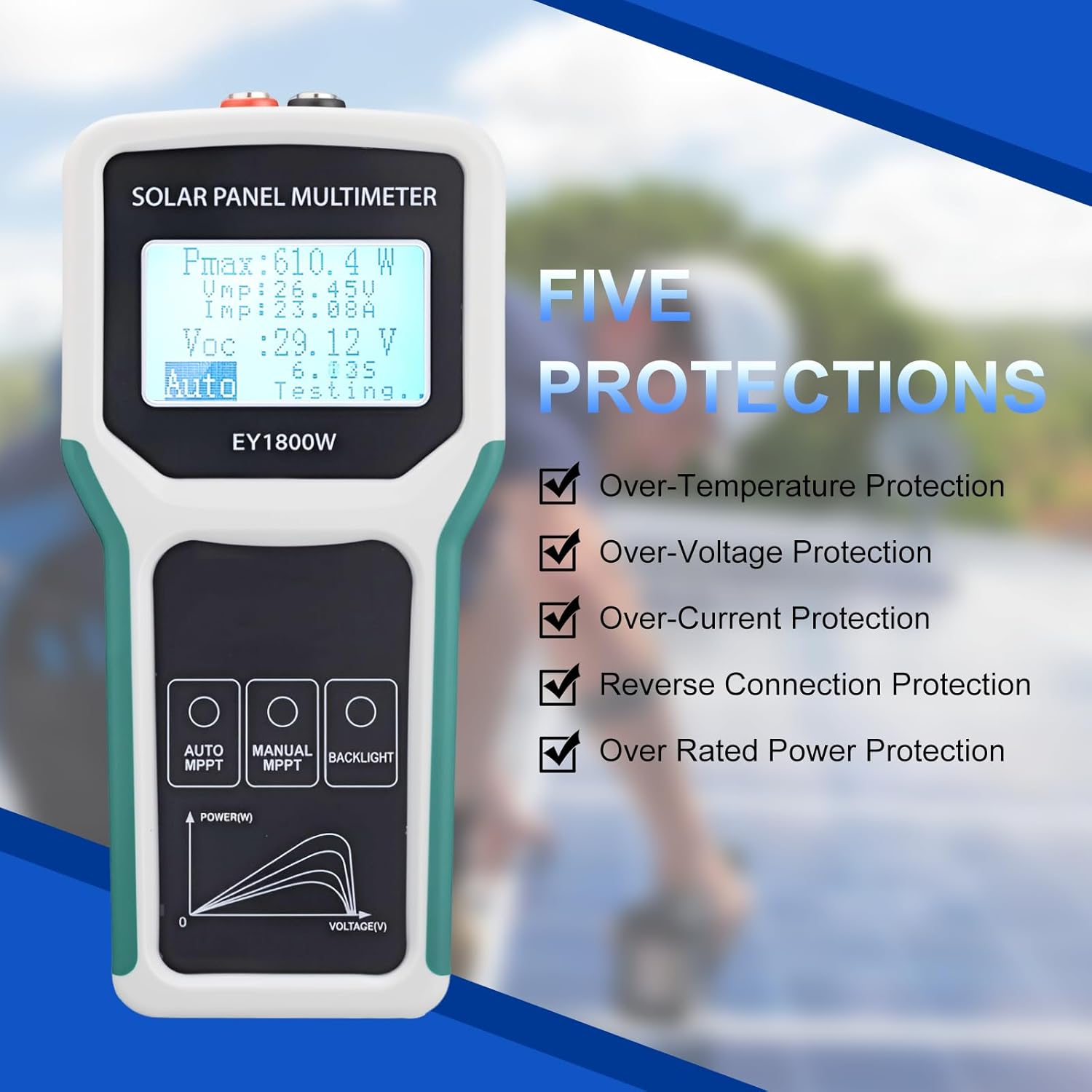 1800W Solar Panel Tester: MPPT Smart Photovoltaic Multimeter - Portable Solar Meter - Clear LCD Display - Measures Power Output - Open Circuit Voltage - Ideal for PV System Troubleshooting