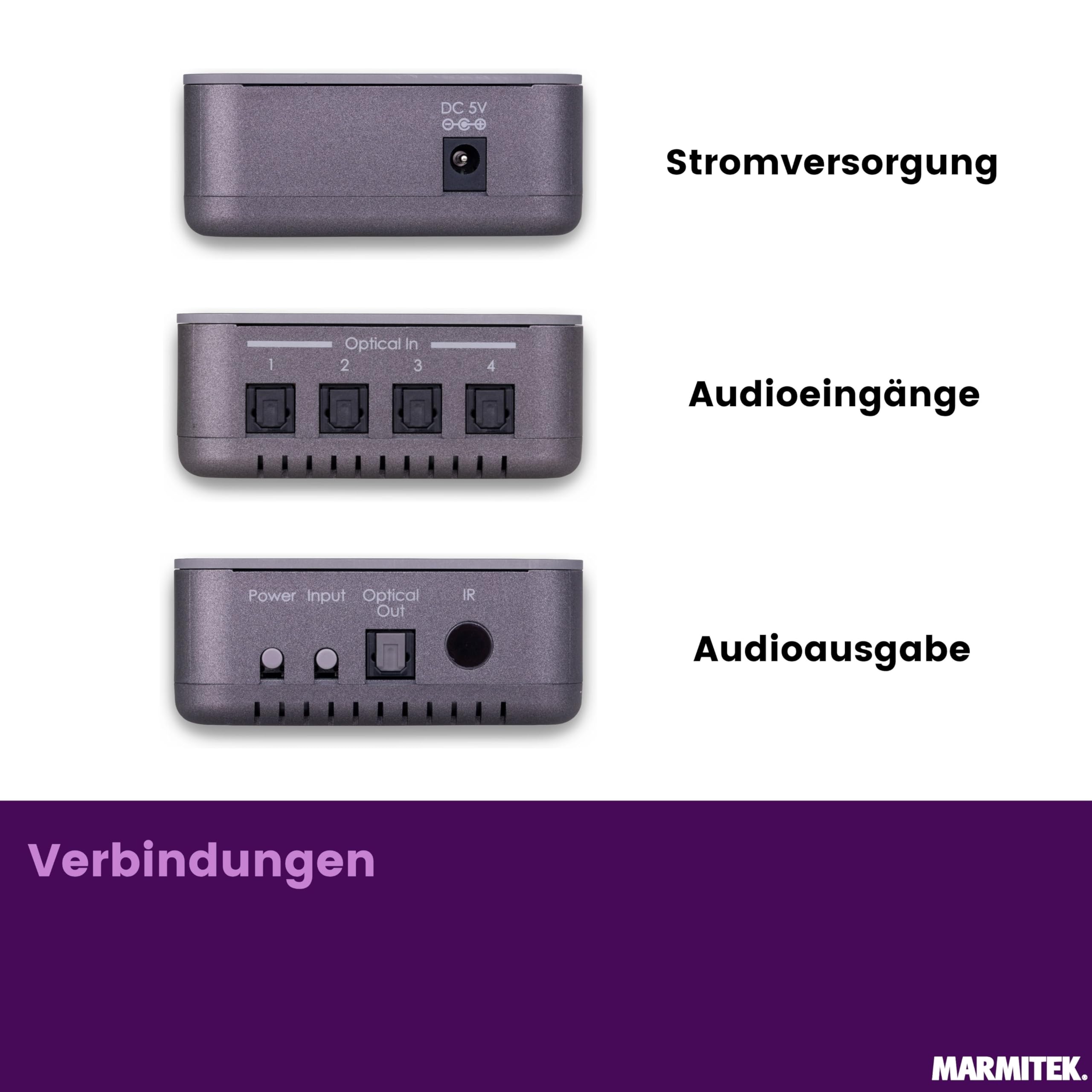 Toslink Audio Switch - Marmitek Connect TS21 - Audio Weiche Optical - 2 Ein / 1 Aus - S/PDIF - 192 kHz Sampling Rate - Dolby Digital - DTS - Schalter für Lichtleiterkabel